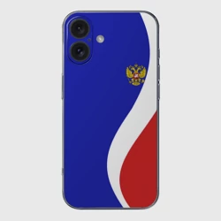 Чехол для iPhone 16 силиконовый с защитой камеры Герб РФ Триколор