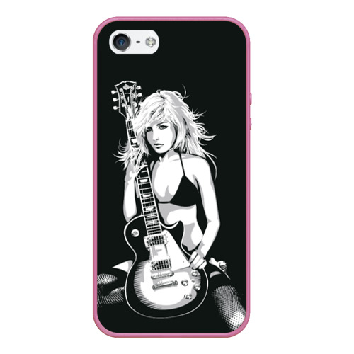 Чехол для iPhone 5/5S матовый Девушка с гитарой, цвет малиновый