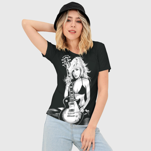Женская футболка 3D Slim Девушка с гитарой, цвет 3D печать - фото 3