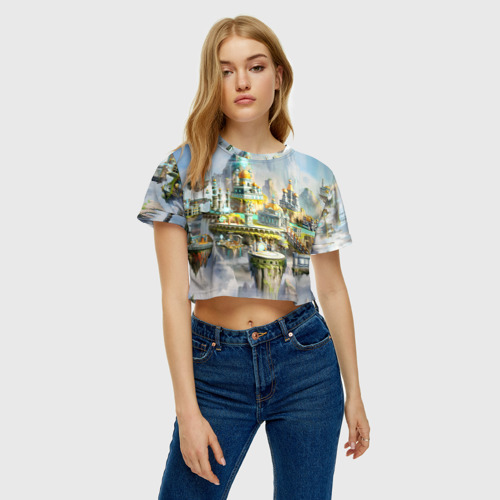 Женская футболка Crop-top 3D Город в небе, цвет 3D печать - фото 4