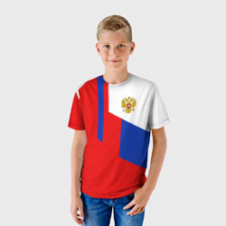 Футболка с принтом Russia sport для ребенка, вид на модели спереди №2. Цвет основы: белый