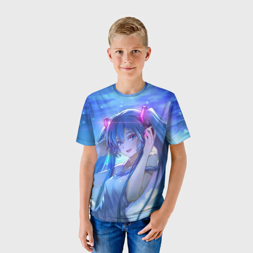 Детская футболка 3D с принтом Miku на фоне космоса, фото на моделе #1