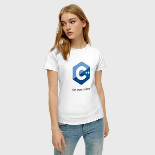Женская футболка хлопок с принтом C++ for true coders, фото на моделе #1