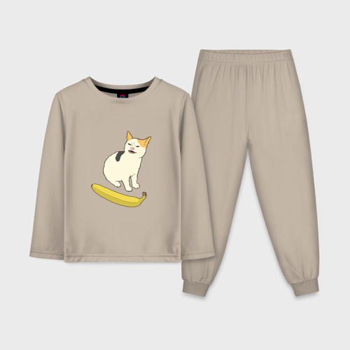 Детская пижама с лонгсливом хлопок Cat no banana meme, цвет миндальный