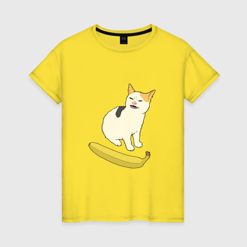 Женская футболка хлопок Cat no banana meme, цвет желтый