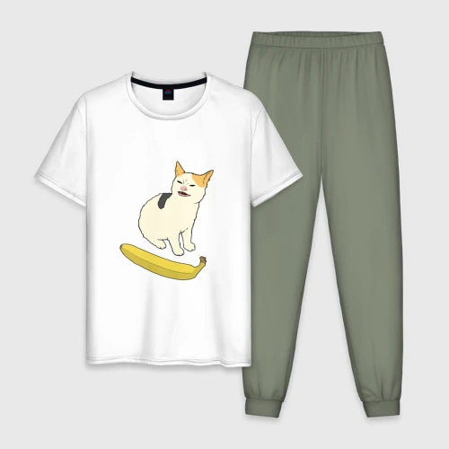 Мужская пижама с белой футболкой хлопок Cat no banana meme