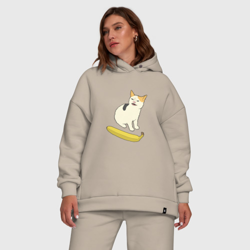 Женский костюм хлопок Oversize Cat no banana meme, цвет миндальный - фото 5