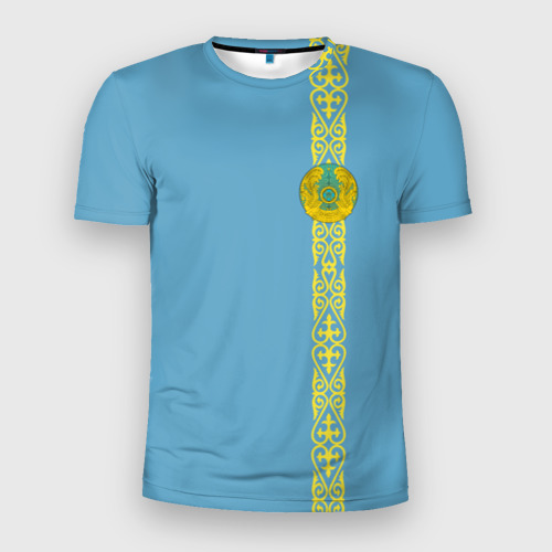 Мужская футболка 3D Slim с принтом Казахстан, лента с гербом, вид спереди #2