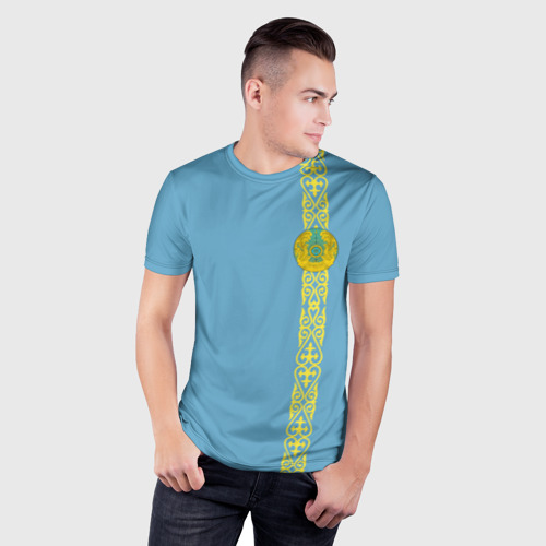 Мужская футболка 3D Slim с принтом Казахстан, лента с гербом, фото на моделе #1