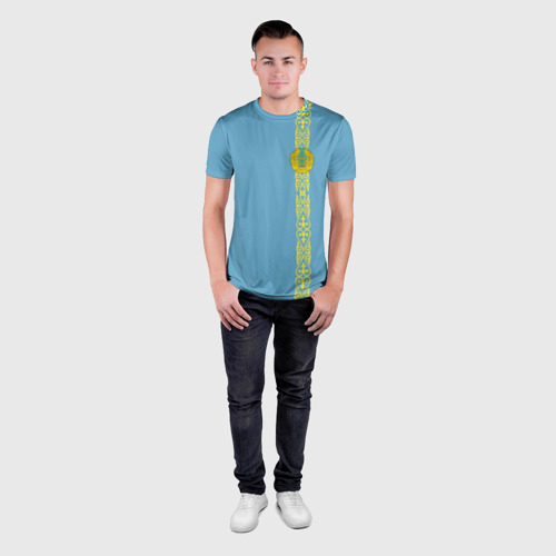 Мужская футболка 3D Slim с принтом Казахстан, лента с гербом, вид сбоку #3