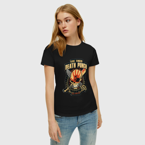 Женская футболка хлопок с принтом Five Finger Death Punch, фото на моделе #1