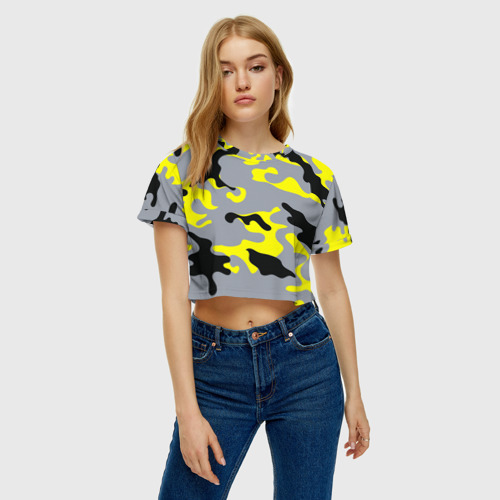 Женская футболка Crop-top 3D Yellow camouflage, цвет 3D печать - фото 3