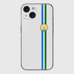 Чехол для iPhone 15 силиконовый с защитой камеры Башкортостан герб на груди слева