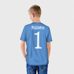 Футболка с принтом Лев Яшин ретро для ребенка, вид на модели сзади №2. Цвет основы: белый