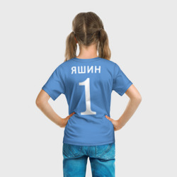 Футболка с принтом Лев Яшин ретро для ребенка, вид на модели сзади №3. Цвет основы: белый