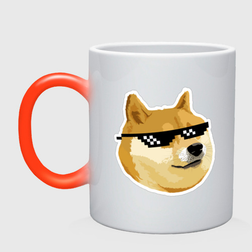 Кружка хамелеон Doge мем в deal with it очках, цвет белый + красный