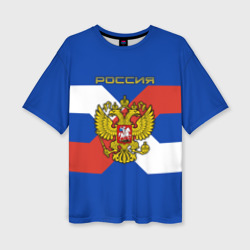 Женская футболка oversize 3D Герб России на флаге полосами