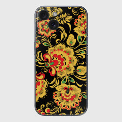 Чехол для iPhone 15 силиконовый с защитой камеры Хохлома - цветочные узоры