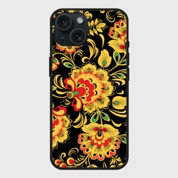 Чехол силиконовый для Apple iPhone 15 матовый Хохлома - цветочные узоры