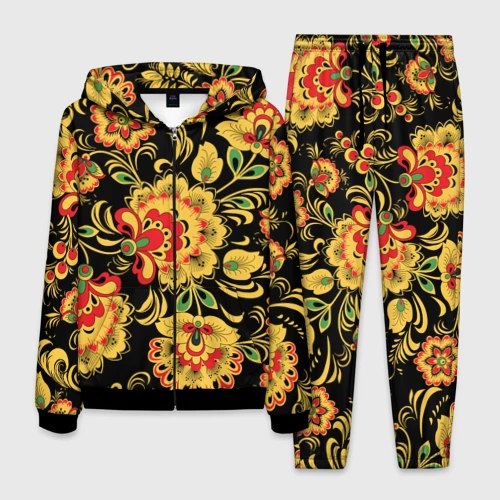 Мужской 3D костюм с принтом Хохлома - цветочные узоры, вид спереди #2