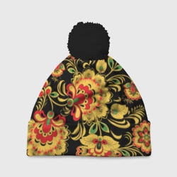 Шапка 3D c помпоном Хохлома - цветочные узоры