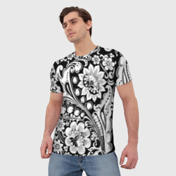 Мужская футболка 3D Хохлома черно-белая роспись - фото 2