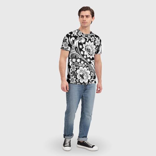 Мужская футболка 3D Хохлома черно-белая роспись, цвет 3D печать - фото 5