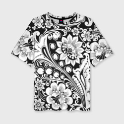 Женская футболка oversize 3D Хохлома черно-белая роспись