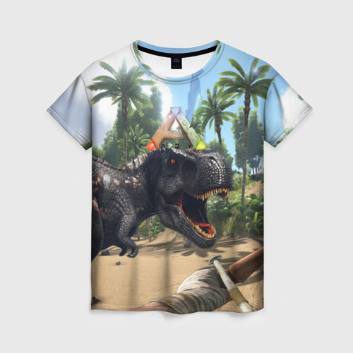 Женская футболка с принтом Ark Survival Evolved — тиранозавр рычит, вид спереди №1