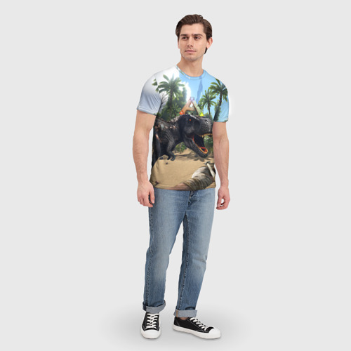 Мужская футболка 3D с принтом Ark Survival Evolved - тиранозавр рычит, вид сбоку #3