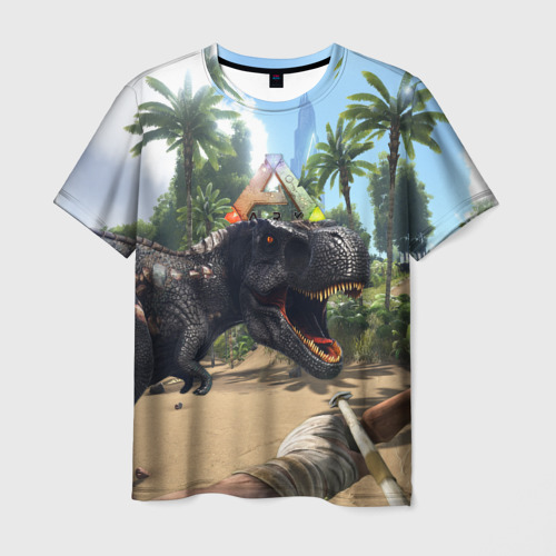 Мужская футболка 3D с принтом Ark Survival Evolved - тиранозавр рычит, вид спереди #2