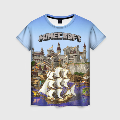 Женская футболка 3D с принтом Корабль и замок в манкрафт, вид спереди #2