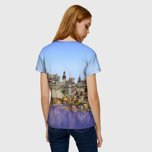 Женская футболка 3D с принтом Корабль и замок в манкрафт, вид сзади #2