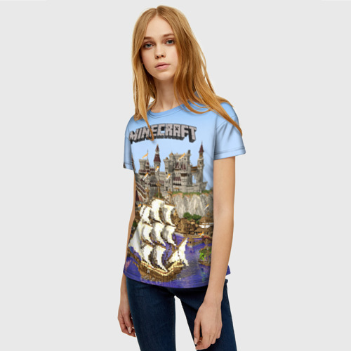 Женская футболка 3D с принтом Корабль и замок в манкрафт, фото на моделе #1