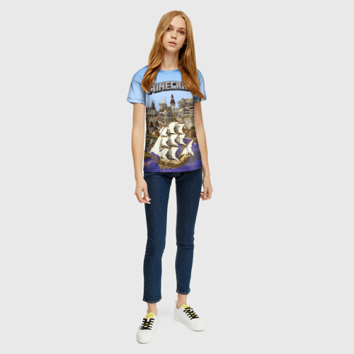 Женская футболка 3D с принтом Корабль и замок в манкрафт, вид сбоку #3