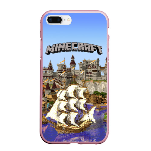 Чехол для iPhone 7Plus/8 Plus матовый Корабль и замок в Minecraft