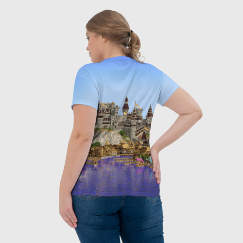 Женская футболка 3D с принтом Корабль и замок в манкрафт, вид сзади #2