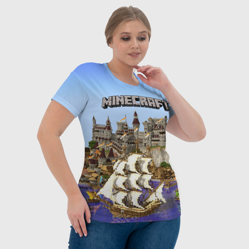 Женская футболка 3D с принтом Корабль и замок в манкрафт, фото #4