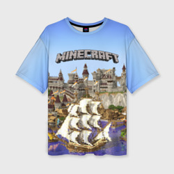 Женская футболка oversize 3D Корабль и замок в Minecraft