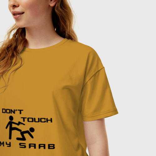 Женская футболка хлопок Oversize Don't touch my Saab, цвет горчичный - фото 3