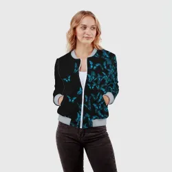 Женский бомбер 3D Синие бабочки - фото 2