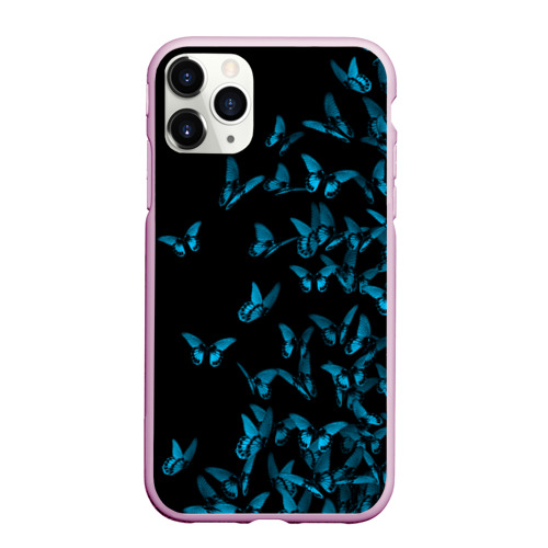 Чехол для iPhone 11 Pro Max матовый Синие бабочки, цвет розовый