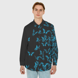 Мужская рубашка oversize 3D Синие бабочки - фото 2