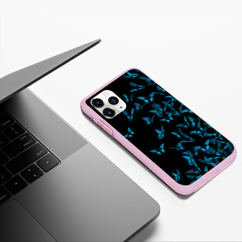 Чехол для iPhone 11 Pro Max матовый Синие бабочки, цвет розовый - фото 5