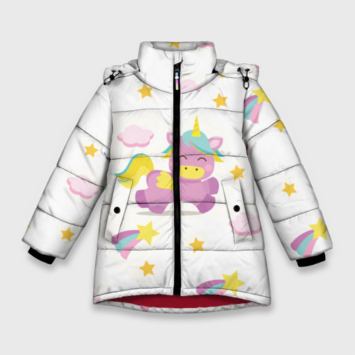 Зимняя куртка для девочек 3D с принтом Розовый единорог, вид спереди #2