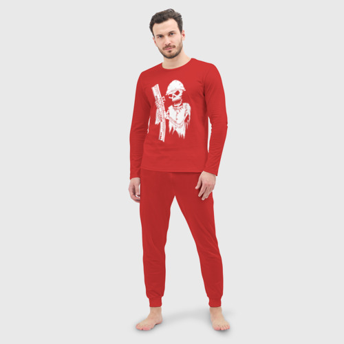 Мужская пижама с лонгсливом хлопок Скелетон геодезист бел, цвет красный - фото 3