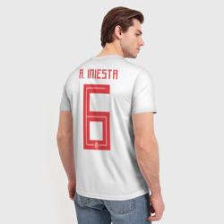 Футболка с принтом Iniesta away WC 2018 для женщины, вид на модели сзади №2. Цвет основы: белый