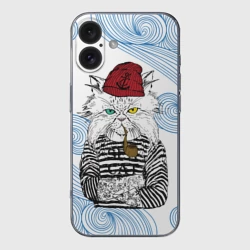 Чехол для iPhone 16 силиконовый с защитой камеры Лесной кот моряк