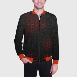 Мужской бомбер 3D Тёмная стальная броня с красными сотами - фото 2