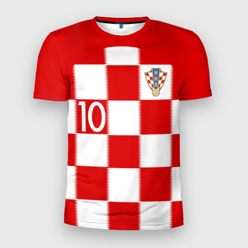 Мужская футболка приталенная с принтом Модрич Хорватия форма, вид спереди №1